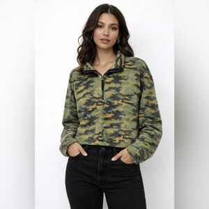 Urban Outfitters Sweater Angela Camo Crop Fleece 1/4 Zip Pullover